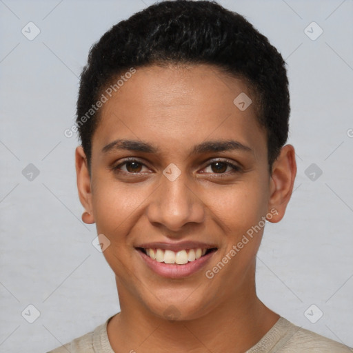 Joyful latino young-adult female with short  brown hair and brown eyes