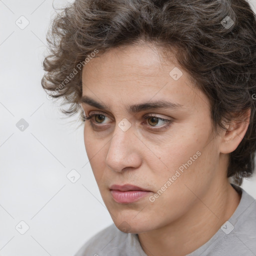 Neutral white young-adult female with short  brown hair and brown eyes