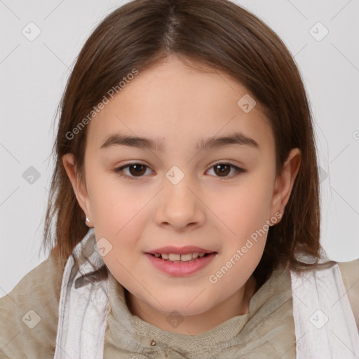 Joyful white child female with medium  brown hair and brown eyes