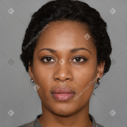 Neutral black young-adult female with short  black hair and brown eyes