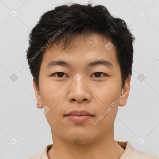 Neutral asian young-adult male with short  brown hair and brown eyes