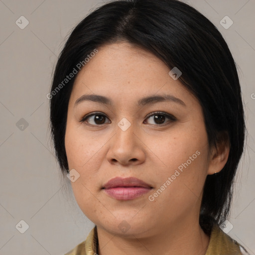 Joyful white young-adult female with medium  brown hair and brown eyes