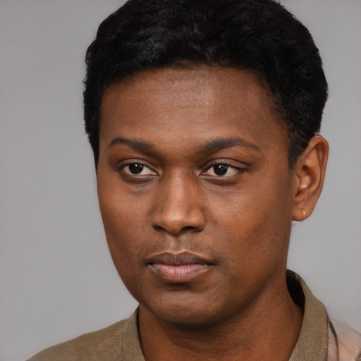 Neutral black young-adult male with short  black hair and brown eyes