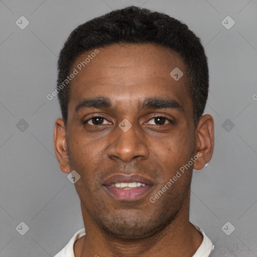 Neutral black young-adult male with short  black hair and brown eyes