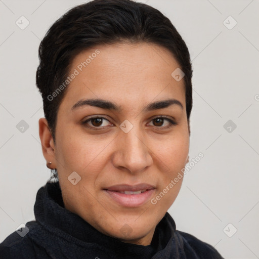 Joyful latino young-adult female with short  brown hair and brown eyes