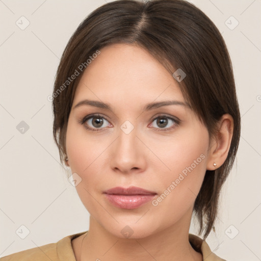 Neutral white young-adult female with medium  brown hair and brown eyes