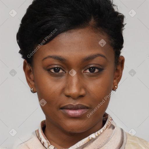 Neutral black young-adult female with short  brown hair and brown eyes