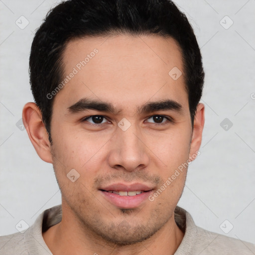 Joyful latino young-adult male with short  brown hair and brown eyes