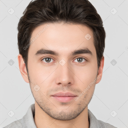 Neutral white young-adult male with short  brown hair and brown eyes