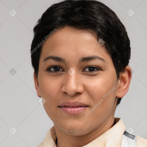 Joyful latino young-adult female with short  brown hair and brown eyes