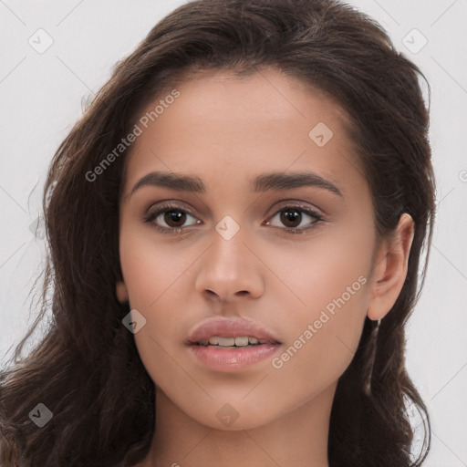 Neutral white young-adult female with long  brown hair and brown eyes