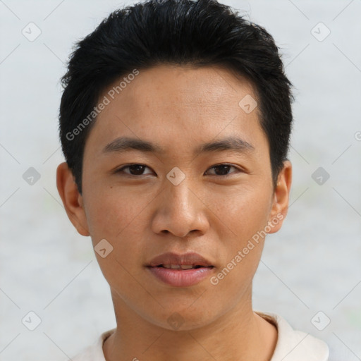 Neutral asian young-adult male with short  black hair and brown eyes