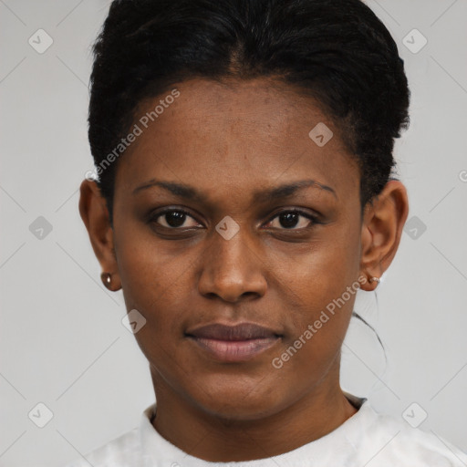 Neutral black young-adult female with short  black hair and brown eyes