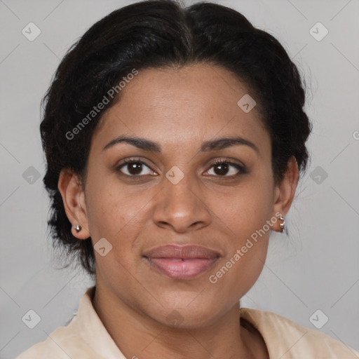 Joyful latino adult female with medium  brown hair and brown eyes