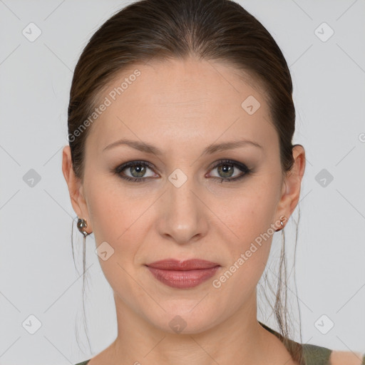 Joyful white young-adult female with medium  brown hair and grey eyes