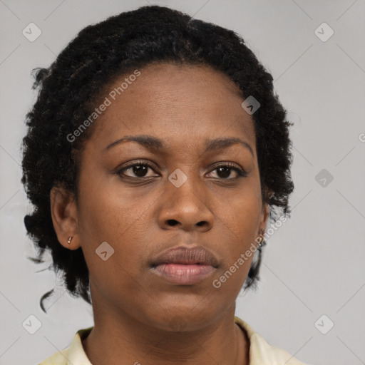 Neutral black young-adult female with short  brown hair and brown eyes