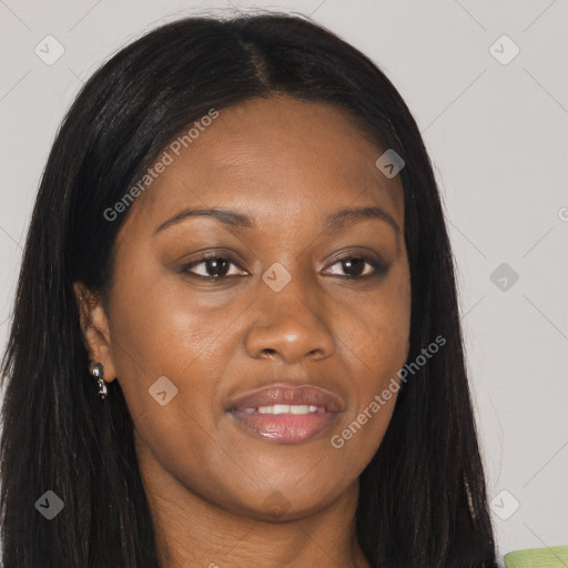 Joyful asian young-adult female with long  brown hair and brown eyes