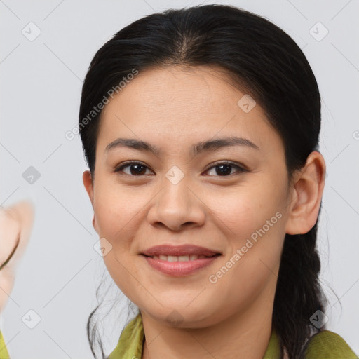 Joyful white young-adult female with medium  brown hair and brown eyes