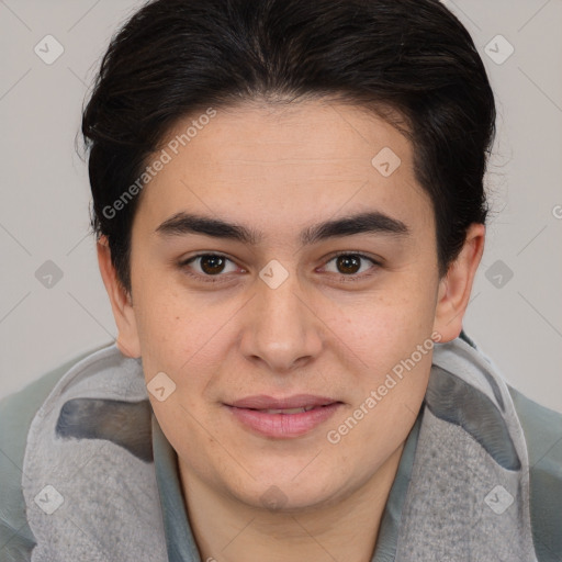 Joyful white young-adult male with medium  brown hair and brown eyes