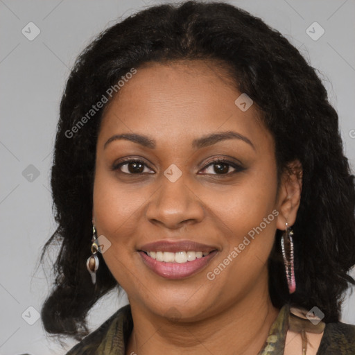 Joyful black young-adult female with medium  brown hair and brown eyes