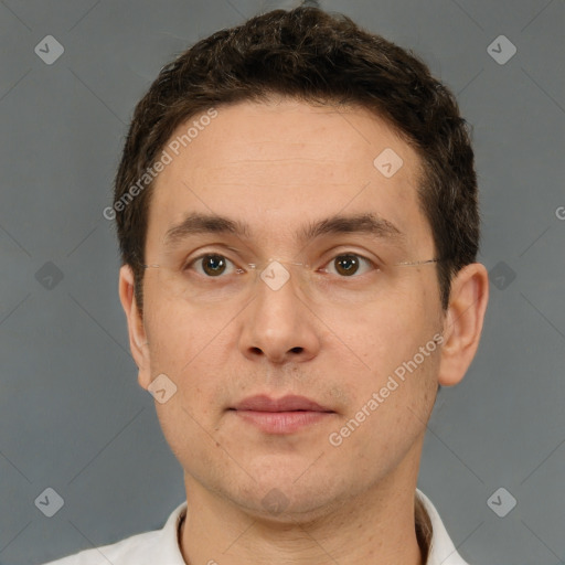 Neutral white adult male with short  brown hair and brown eyes