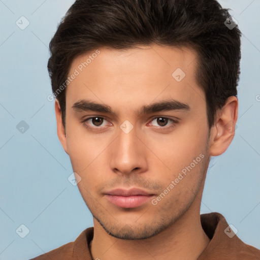 Neutral white young-adult male with short  brown hair and brown eyes