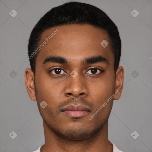 Neutral latino young-adult male with short  black hair and brown eyes