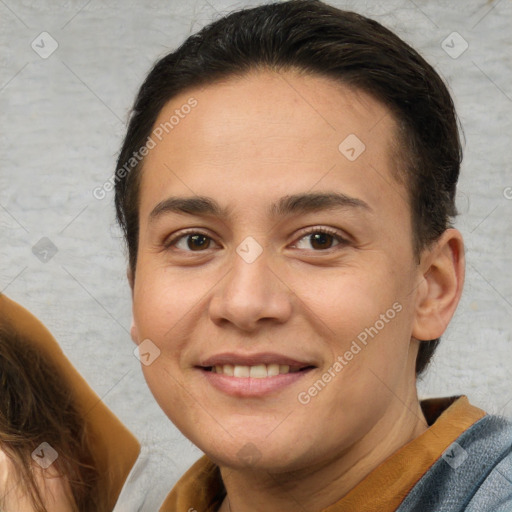 Joyful white young-adult female with short  brown hair and brown eyes