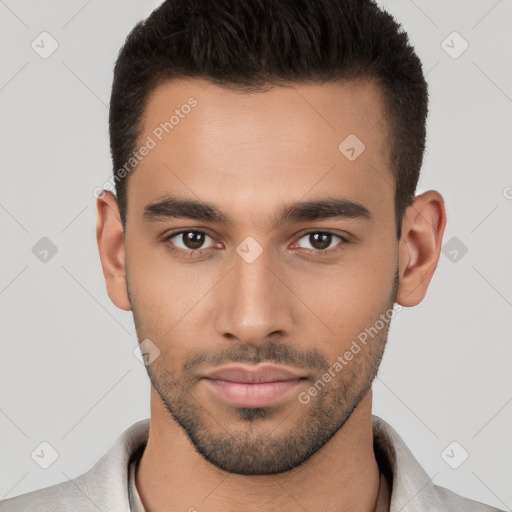 Neutral white young-adult male with short  brown hair and brown eyes