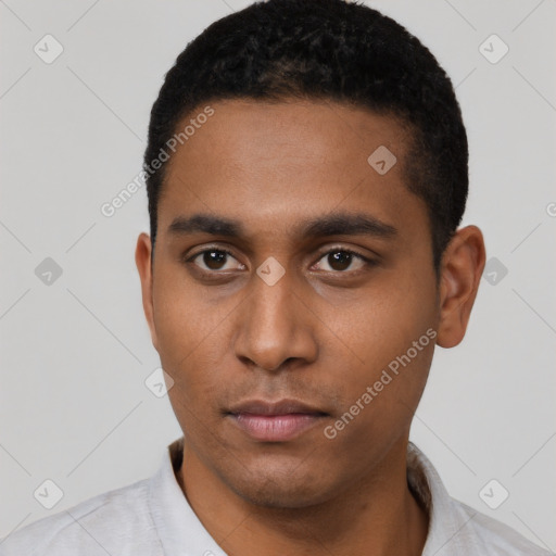 Neutral latino young-adult male with short  black hair and brown eyes