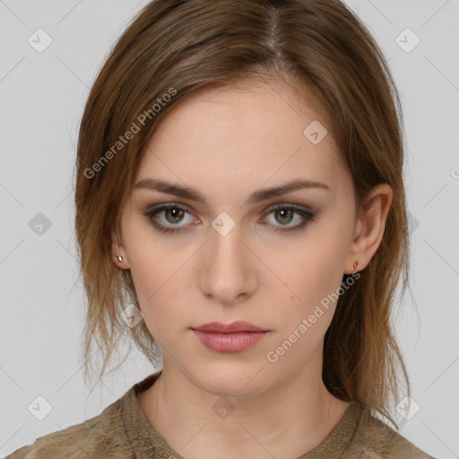 Neutral white young-adult female with medium  brown hair and brown eyes