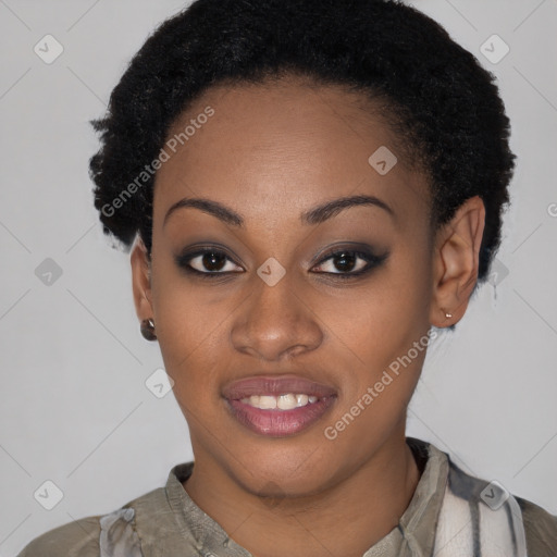 Joyful black young-adult female with short  black hair and brown eyes