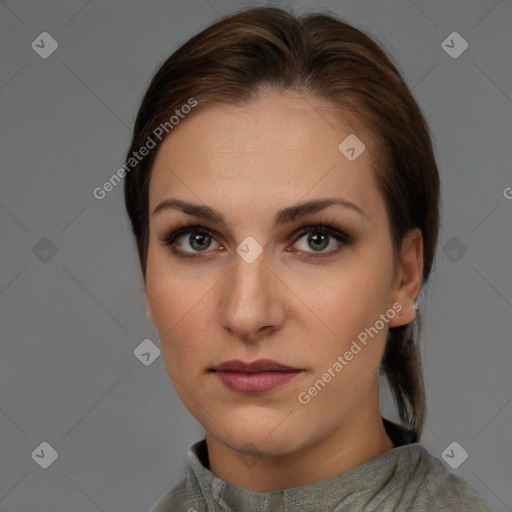 Neutral white young-adult female with short  brown hair and brown eyes