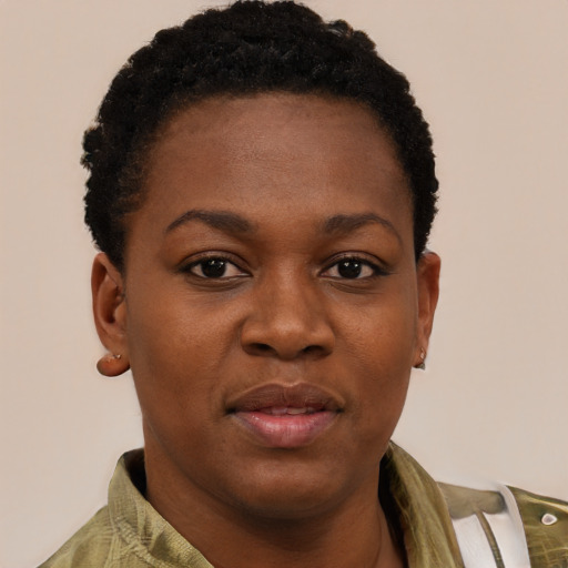 Neutral black young-adult female with short  brown hair and brown eyes