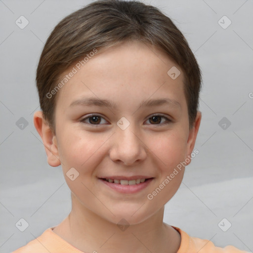 Joyful white child female with short  brown hair and brown eyes