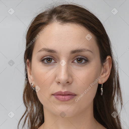 Neutral white young-adult female with long  brown hair and grey eyes