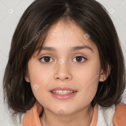 Joyful white child female with medium  brown hair and brown eyes