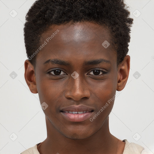 Joyful black young-adult male with short  brown hair and brown eyes