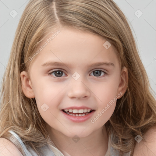 Joyful white child female with medium  brown hair and grey eyes