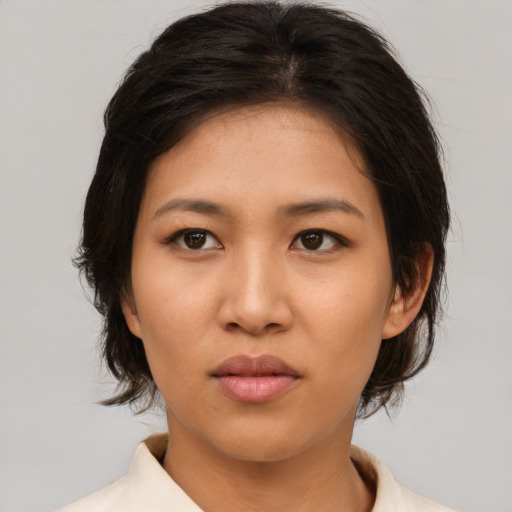 Neutral asian young-adult female with medium  brown hair and brown eyes