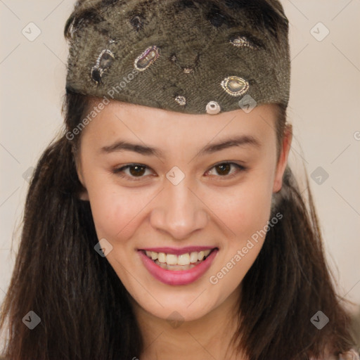 Joyful latino young-adult female with long  brown hair and brown eyes