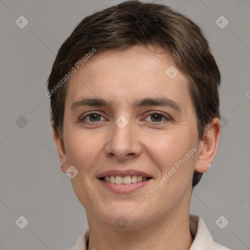 Joyful white young-adult female with short  brown hair and brown eyes