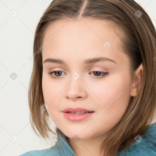 Joyful white child female with medium  brown hair and brown eyes