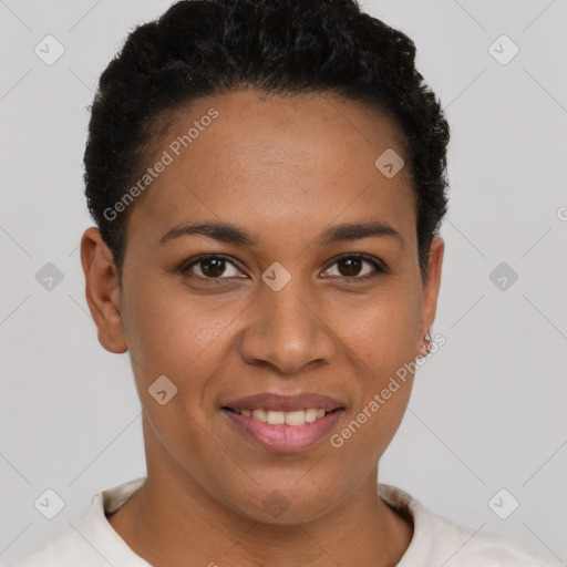 Joyful latino young-adult female with short  brown hair and brown eyes