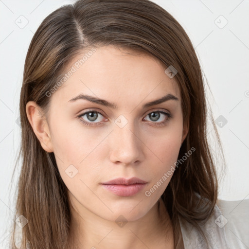 Neutral white young-adult female with long  brown hair and grey eyes