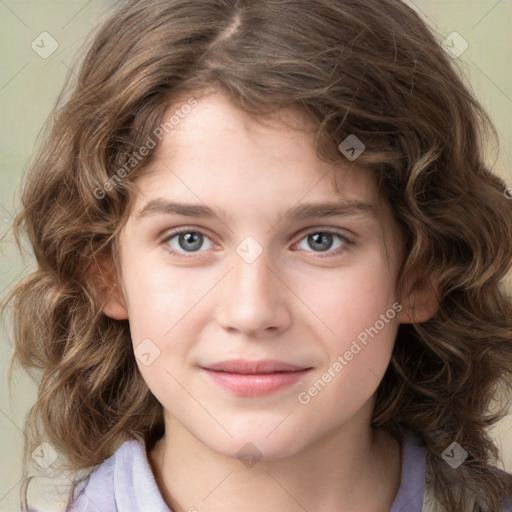 Joyful white child female with medium  brown hair and grey eyes