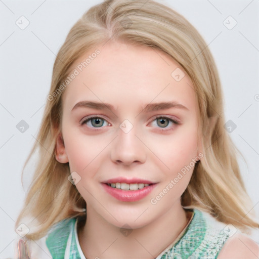 Joyful white young-adult female with medium  brown hair and blue eyes