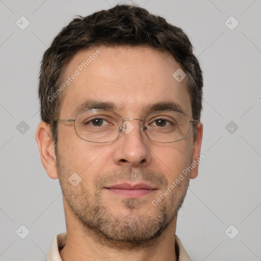 Neutral white adult male with short  brown hair and brown eyes