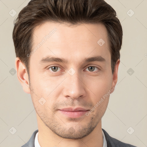 Neutral white young-adult male with short  brown hair and brown eyes