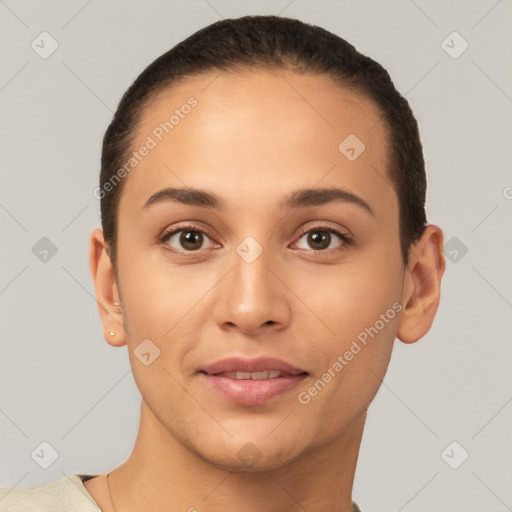 Joyful white young-adult female with short  brown hair and brown eyes